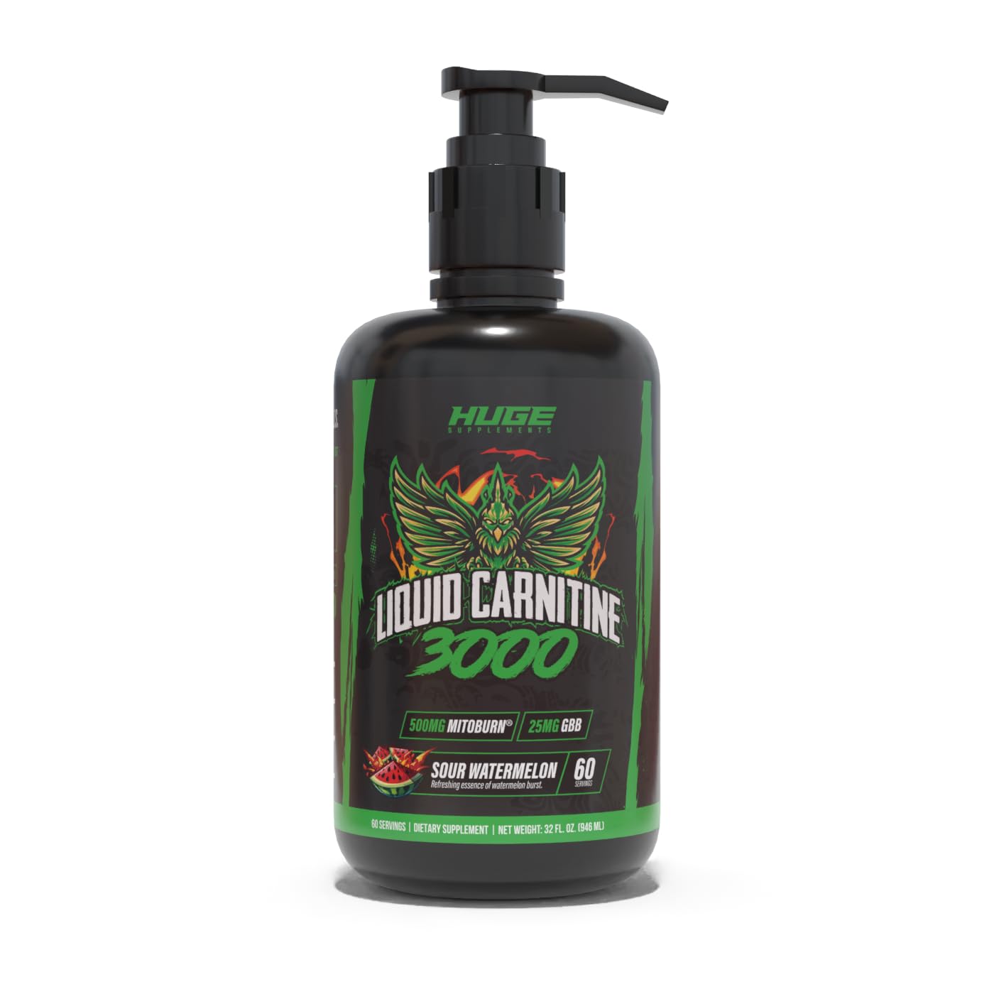 Huge Supplements Liquid L-Carnitine 3000, Superior Potency Infused with 500mg MitoBurn & 25mg GBB, Premium Stim-Free & Energy Boost, Convenient Pump Top, 32 Oz (60 Servings)