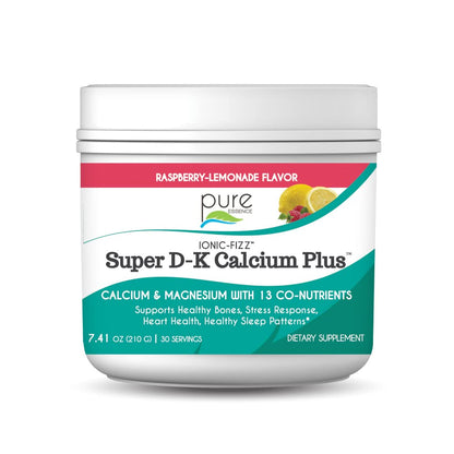 Ionic Fizz Super D-K Calcium Plus by Pure Essence - with Extra Magnesium, Vitamin D3, Vitamin K2 for Strong Bones and Stress Support - Raspberry Lemonade - 14.82oz