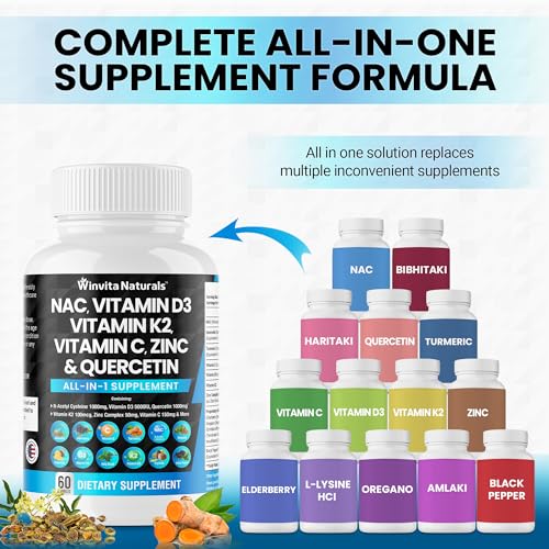 NAC Supplement N-Acetyl Cysteine 1000mg Vitamin C Vitamin D3 K2, Zinc, Turmeric Curcumin