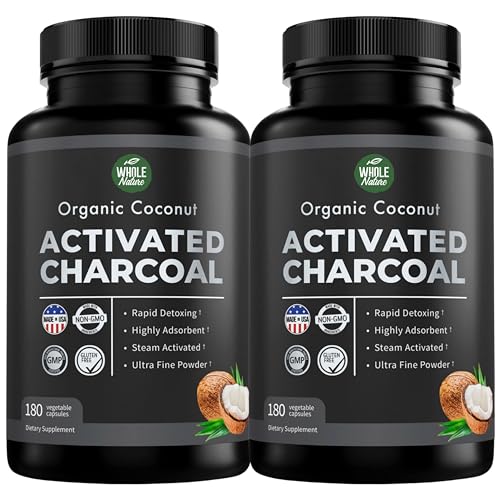 Coconut Activated Charcoal Capsules, 180 Charcoal Pills, Detox, Teeth Whitening, Reduce 