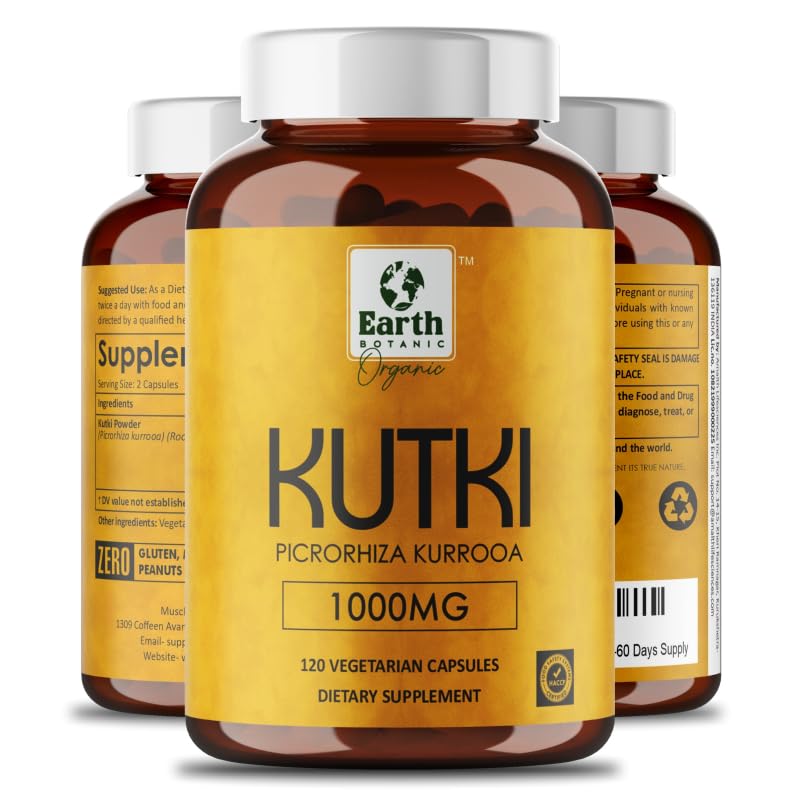 Earth BOTANIC Organic Kutki Root Powder 1000mg 120 Capsules (Picorohiza Kurrooa) 