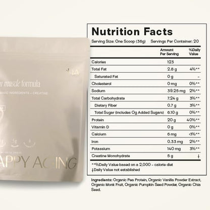 Happy Aging Vegan Protein Powder for Women, 20g Organic Pea & Pumpkin Seed Protein, 5g Creatine for Women, Monk Fruit Sweetened, Organic Cocoa & Chia, Vegan Plant Based Protein