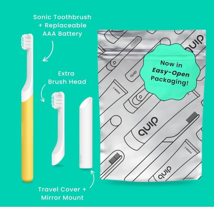 Quip Sonic Toothbrush for Kids with Replacement Heads 3 Pack Product Bundle - Includes Travel Cover Mount - Soft Bristles, Compact and Flexible - Yellow