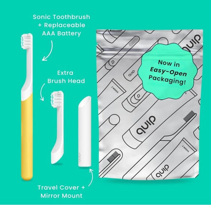 Quip Sonic Toothbrush for Kids with Replacement Heads 3 Pack Product Bundle - Includes Travel Cover Mount - Soft Bristles, Compact and Flexible - Yellow