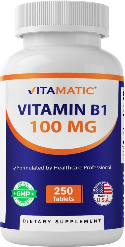 Vitamatic Vitamin B1 100 mg, 250 Tablets, Non-GMO, Thiamine | Support Energy Metabolism & Nervous System Health*, Gluten Free, Made in USA