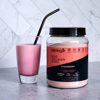 Ketologie Keto Collagen Shake (Strawberry) - with Coconut Oil, Probiotics, Grass Fed Hydrolyze