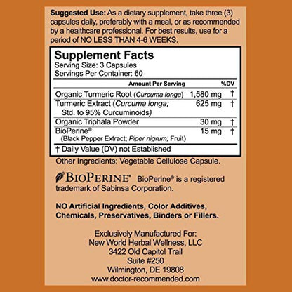 Turmeric Curcumin - 2250mg/d - 95% Curcuminoids - 180 Veggie Caps with Black