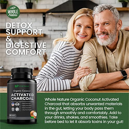 Coconut Activated Charcoal Capsules, 180 Charcoal Pills, Detox, Teeth Whitening, Reduce