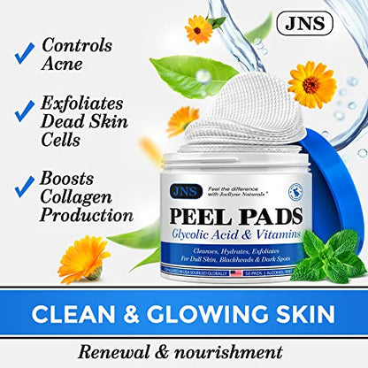 JOELLYNE NATURALS Glycolic Acid Peel Pads - 50 Count, Natural AHA Exfoliating Pads for Acne
