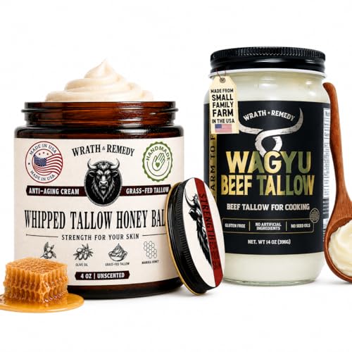 Wrath & Remedy Bundle of Wagyu Beef Tallow (14 OZ) & Unscented Whipped Tallow Honey Balm (4 OZ)