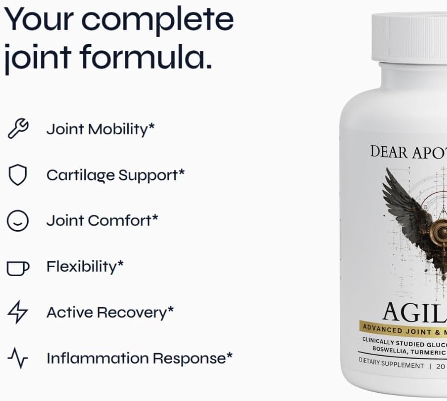 Agility+ Glucosamine Chondroitin Supplement - 1500mg Glucosamine, Boswellia, Turmeric, MSM - Joint Support for Men & Women - Non-GMO Gluten Free - 60 Capsules