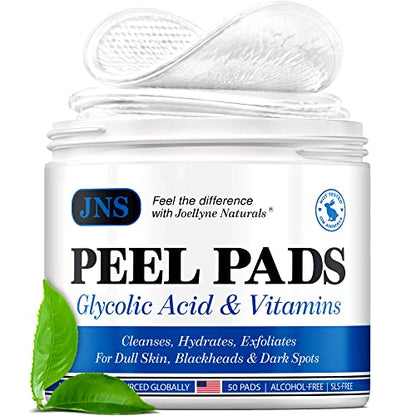 JOELLYNE NATURALS Glycolic Acid Peel Pads - 50 Count, Natural AHA Exfoliating Pads for Acne