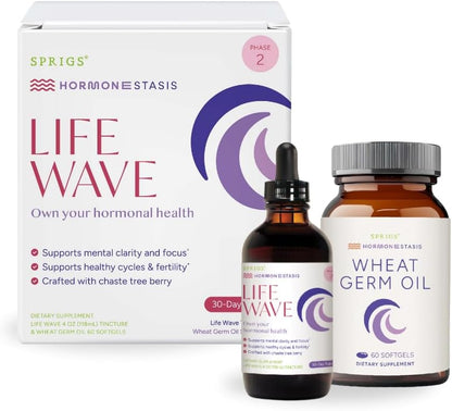 SPRIGS Life Wave Phase 2 Hormonal Support Kit for Women | Supplements for Healthy Hormone Balance, Regular Menstrual Cycle, Balanced Mood & Fertility | 4Oz Herbal Tincture & 60 Wheat Germ Oil Softgels