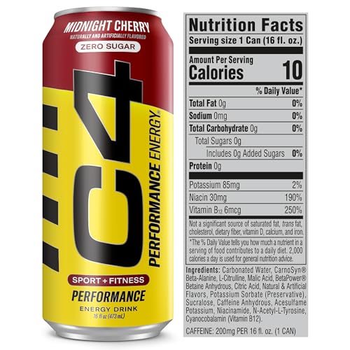 C4 Energy Carbonated Zero Sugar Energy Drink, Pre Workout Drink + Beta Alanine, Midnight Cherry, 16 Fl Oz (Pack of 24)
