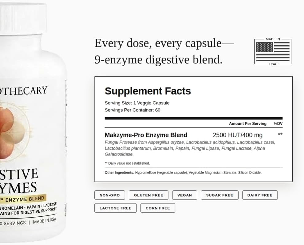 Digestive Enzymes 9 Enzyme Blend with Probiotics - Bloating, Gas & Digestion Support - Bromelain Papain Lactase Lipase Protease - Vegan, Non-GMO - 60 Capsules