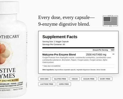 Digestive Enzymes 9 Enzyme Blend with Probiotics - Bloating, Gas & Digestion Support - Bromelain Papain Lactase Lipase Protease - Vegan, Non-GMO - 60 Capsules