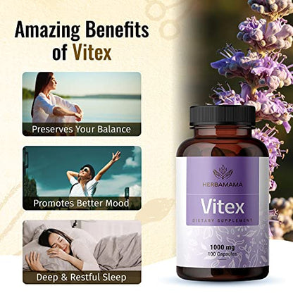 HERBAMAMA Vitex Supplement for Women - Organic Vitex Chasteberry Pills - Vegan Supplements