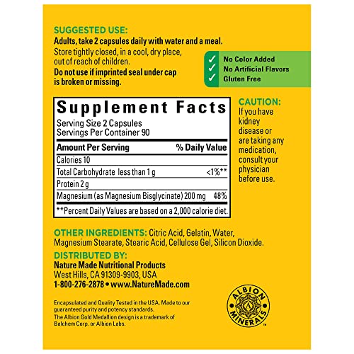 Nature Made Magnesium Glycinate 200 mg per serving, Dietary Supplement for Muscle