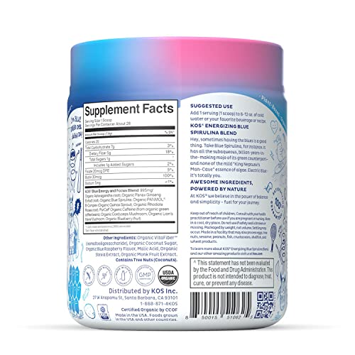 KOS USDA Organic Energizing Blue Spirulina Blend - 70 mg Organic Caffeine, B-Complex
