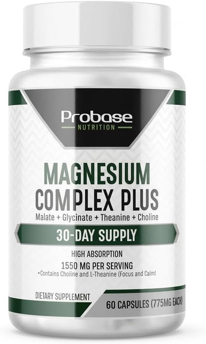 Probase Nutrition Magnesium Complex Plus with Glycinate, Malate, L-Theanine and Choline - Natural Support for Sleep and Cognitive Function - 60 Capsules