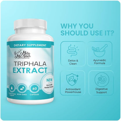Triphala Extract Capsules 750mg - Digestive Support, Gut Health and Colon Function - Ayurvedic Herbal Supplement with Amla, Harad and Bahera - Vegan, Non-GMO, Made in USA - 60 Capsules
