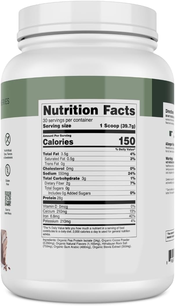 Transparent Labs 100% Pea Protein Powder - 28g Organic Plant Protein per Serving, Clean Pea Isolate Powder, USDA Organic, Vegan, Gluten-Free, Sugar-Free, Non-GMO - 30 Servings, Chocolate