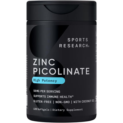 Sports Research High Potency Zinc Picolinate 30mg with Organic Coconut Oil | Highly Absorbable Zinc Supplement for Healthy Immune & Enzyme Function - Non-GMO Tested & Gluten-Free (90 Liquid Softgels)