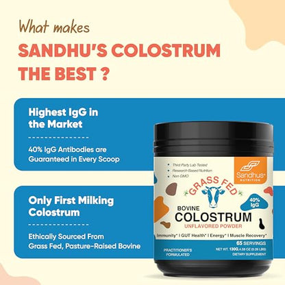 Sandhu's Pure Bovine Colostrum Powder Supplement for Humans |40% IgG Highly