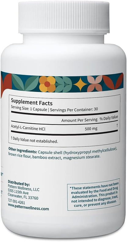 Pattern Wellness Acetyl-L-Carnitine 500 mg Capsules – ALCAR Supplement for Cellular Energy Production, Cognitive Health & Healthy Metabolism – Vegan, Non-GMO – 30 Capsules