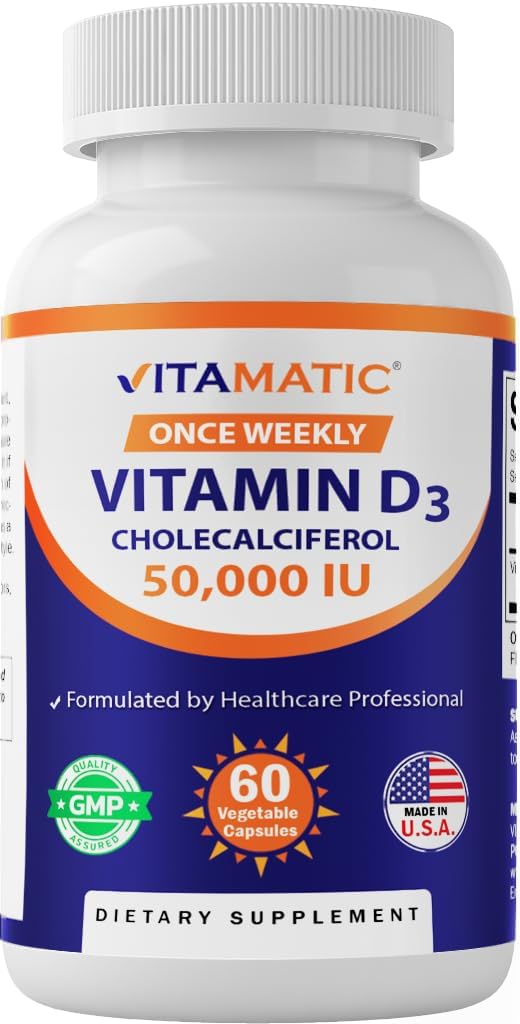 Vitamatic Vitamin D3 50,000 IU Once Weekly, 60 Veg Capsules, Made in USA | Supports Bone, Teeth & Immune Health*, Non GMO, Gluten Free