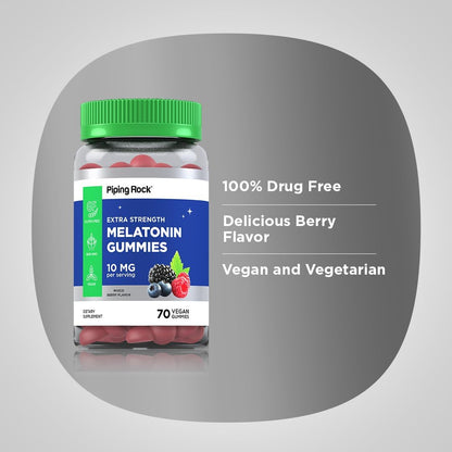 Piping Rock Melatonin Gummies 10mg | 70 Count | Berry Flavor Supplement | Vegan, Non-GMO, Gluten Free