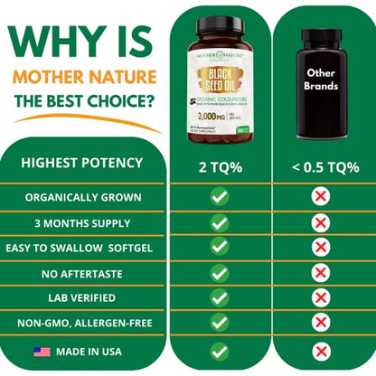 Organic Black Seed Oil Capsules - 3 Month Supply - 180 Count (2000mg Per Serving)