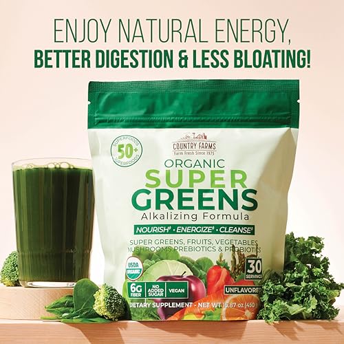 COUNTRY FARMS Super Greens Natural Flavor, 50 Organic Super Foods, USDA Organic
