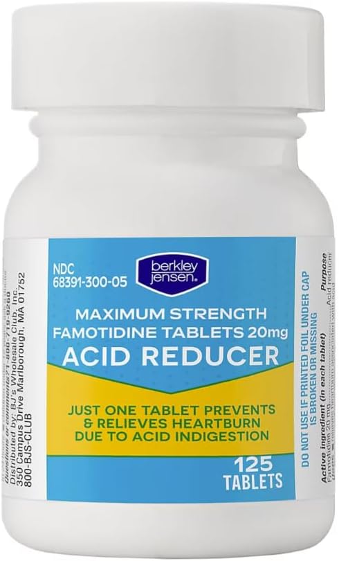 berkley jensen Maximum Strength Famotidine 20 mg, Acid Reducer Tablets, Relieves Meal-Induced Heartburn & Acid Indigestion Symptoms, All-Day Heartburn Prevention & Relief, 125 Count (Pack of 2)