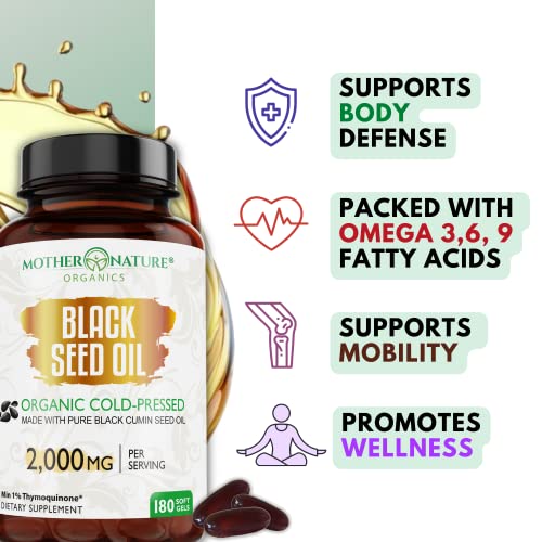 Organic Black Seed Oil Capsules - 3 Month Supply - 180 Count (2000mg Per Serving)