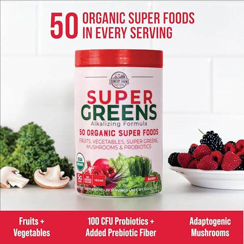 COUNTRY FARMS Super Greens Berry Flavor, 50 Organic Foods, USDA Drink Mix