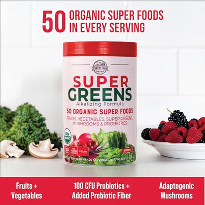 COUNTRY FARMS Super Greens Berry Flavor, 50 Organic Super Foods, USDA Organic