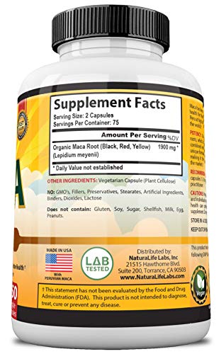 Organic Maca Root Black, Red, Yellow 1900 MG per Serving - 150 Vegan Capsules