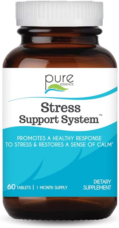 PURE ESSENCE LABS Stress Support System - Best Immune Support - Immunity Booster & Dietary Supplements - Headache & Stress Relief - Gives Natural Calm (60 Tablets)