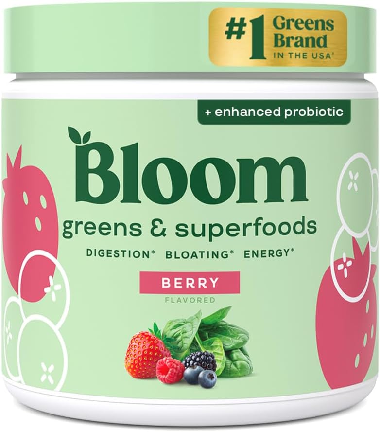 Bloom Nutrition Superfood Greens Powder, Berry, 30 Servings | Digestive Enzymes with Probiotics and Prebiotics, Gut Health, Bloating Relief for Women, Chlorella, Green Juice Mix