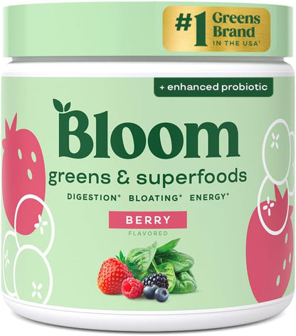 Bloom Nutrition Superfood Greens Powder, Berry, 30 Servings | Digestive Enzymes with Probiotics and Prebiotics, Gut Health, Bloating Relief for Women, Chlorella, Green Juice Mix