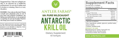 Antler Farms Wild Caught Antarctic Krill Oil - 60 Softgels | 100% Pure Antarctic Krill Oil from Cold, Pristine Waters, Clean, Omega-3 EPA + DHA Supplement w/Astaxanthin, Rapid Absorption