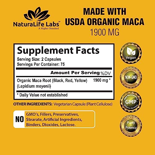 Organic Maca Root Black, Red, Yellow 1900 MG per Serving - 150 Vegan Capsules