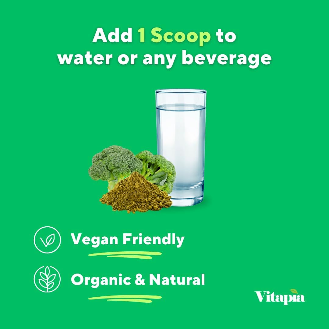 Vitapia Organic Broccoli Sprout Powder for Sulforaphane, Antioxidant, Brain, Skin, Heart Health Support - 100g Powder Supplement & 33 Day Supply - Non-GMO, Gluten-Free, Vegan-Friendly
