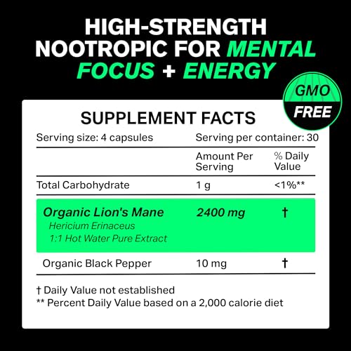 Organic Lions Mane Supplement Capsules 2400 mg - Powerful Nootropic - Helps Maintain