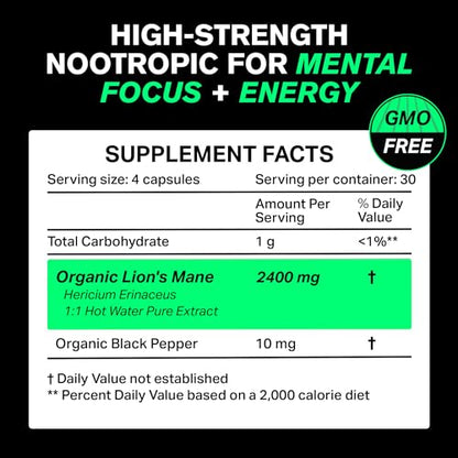 Organic Lions Mane Supplement Capsules 2400 mg - Powerful Nootropic - Helps Maintain