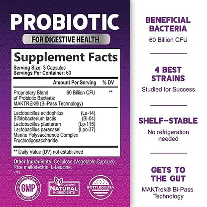 Probiotics, 60 Billion CFU per Serving, Probiotic with Prebiotics for Digestive & Immune Health