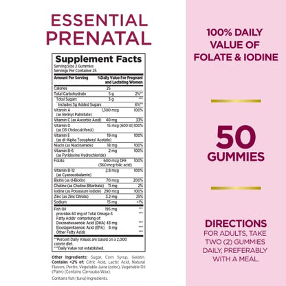 Nature's Bounty Essential Prenatal Gummies, Folic Acid and Iodine, Omega 3 and DHA, 50 Count