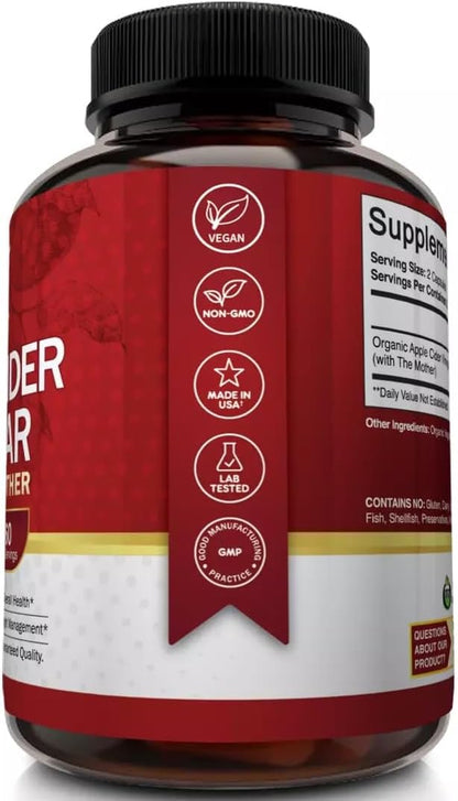 Apple Cider Vinegar Capsules with The Mother - 120 Vegan ACV Pills - Best Supplement for Healthy Weight Loss, Diet, Keto, Digestion, Detox, Immune - Powerful Cleanser & Appetite Suppressant Non-GMO
