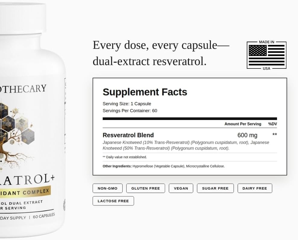 Resveratrol+ 600mg Trans-Resveratrol from Japanese Knotweed Root - Dual Extract Anti-Aging & Heart Support - Vegan, Non-GMO, Gluten Free - 60 Capsules
